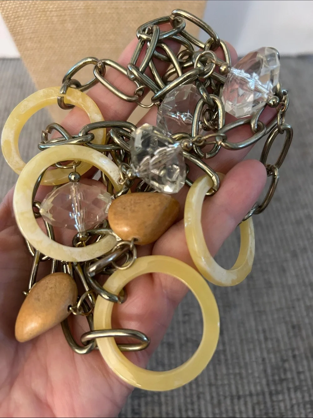 Yellow acrylic & goldtone chain Statement Necklace 21” long yellow clear tan - Picture 4 of 6
